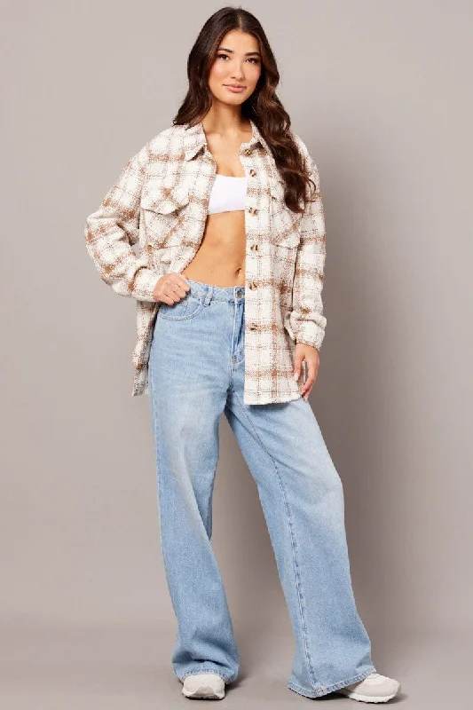 Beige Check Relaxed Shirt Long Sleeve Shacket