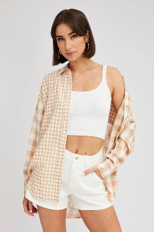 Beige Check Shirt Long Sleeve Collared Neck