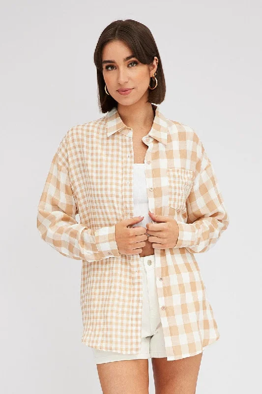 Beige Check Shirt Long Sleeve Collared Neck