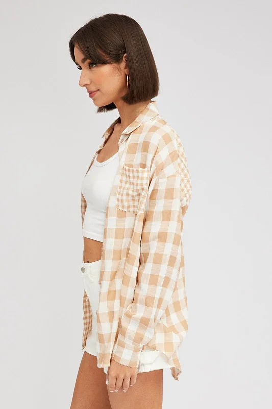 Beige Check Shirt Long Sleeve Collared Neck