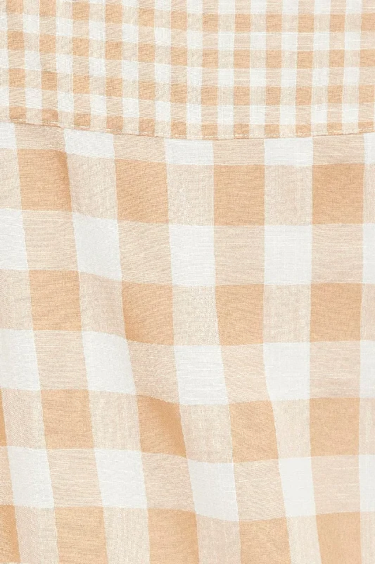 Beige Check Shirt Long Sleeve Collared Neck