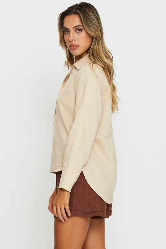 Beige Oversized Shirts Collared