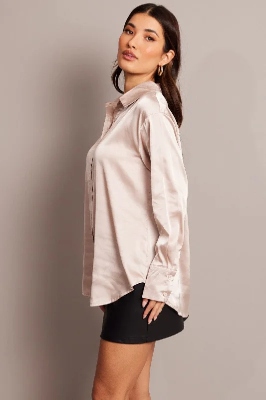 Beige Satin Shirt Long Sleeve