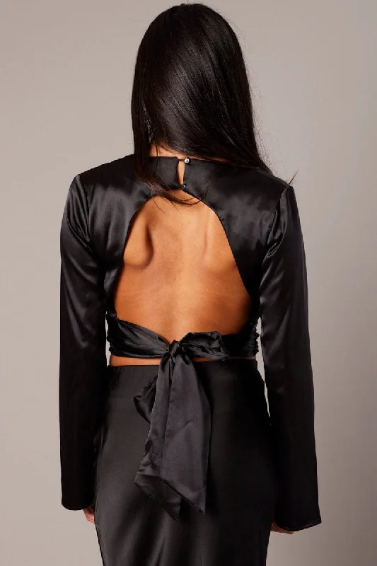 Black Backless Top Flared Sleeve High Neck Blouse