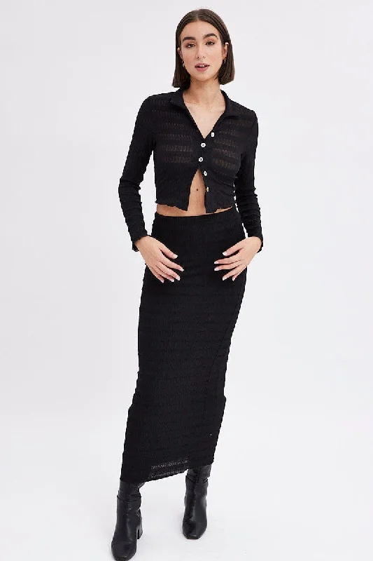 Black Crop Shirt Long Sleeve Collar Textured