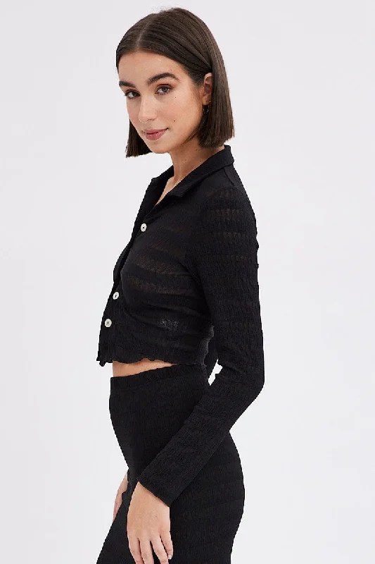 Black Crop Shirt Long Sleeve Collar Textured