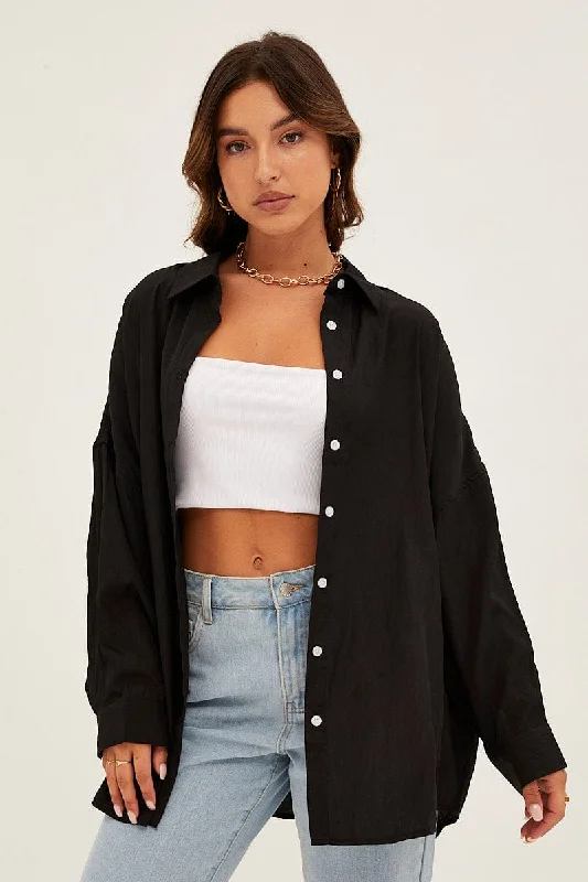 Black Essential Oversized Long Sleeve Collared Shirt