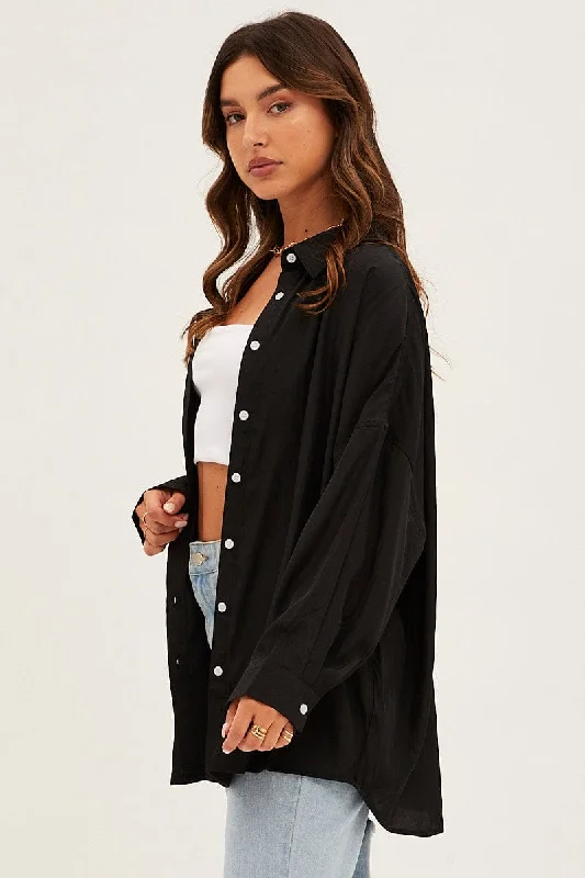 Black Essential Oversized Long Sleeve Collared Shirt