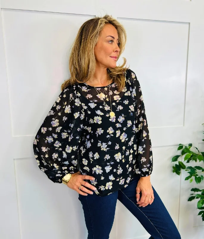 Black Flower Print Sheer Blouse