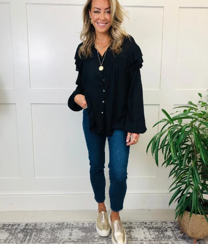 Black Chiffon Ruffle Boho Blouse