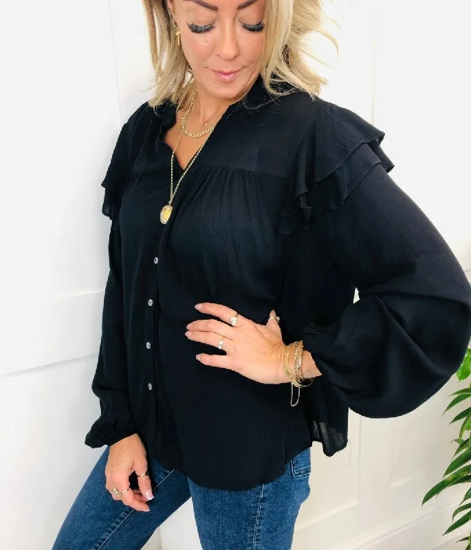 Black Chiffon Ruffle Boho Blouse