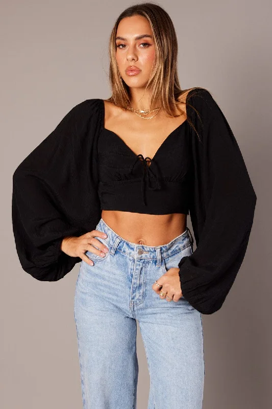 Black Gathered Bust Top Balloon Sleeve Backless Blouse