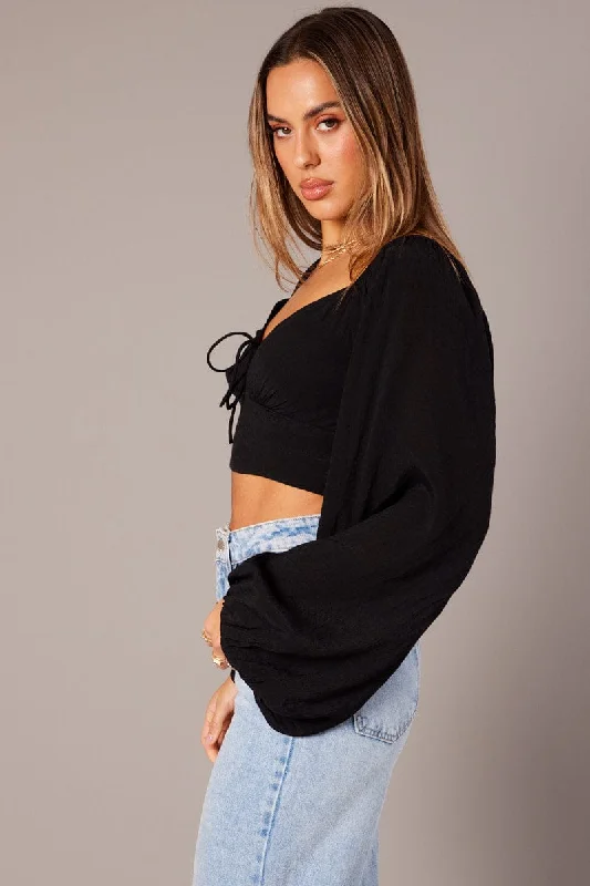 Black Gathered Bust Top Balloon Sleeve Backless Blouse