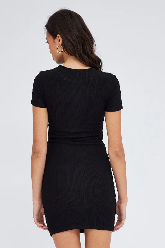 Black Graphic Dress Short Sleeve Body Cone Scoop Neck