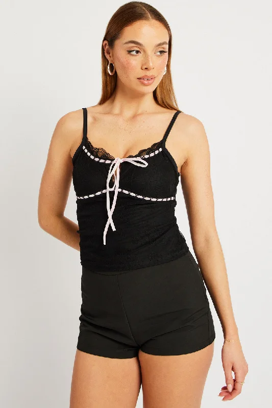 Black Lace Singlet Top Lace Ribbon Trim