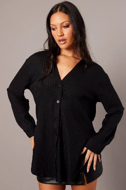 Black Relaxed Shirt Long Sleeve Textured