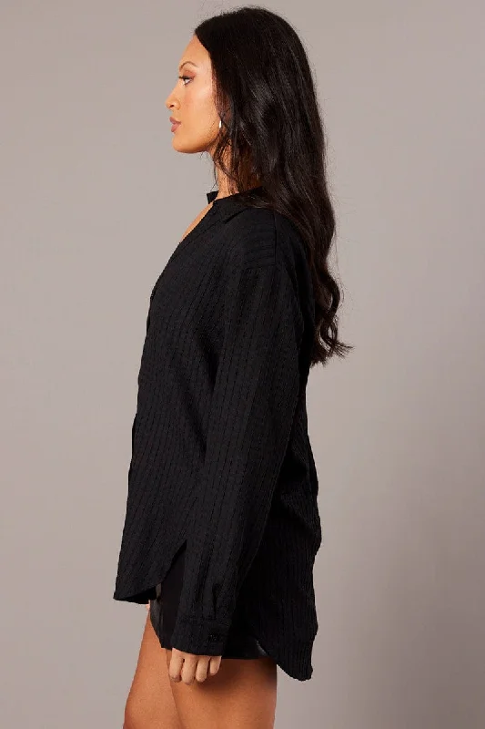 Black Relaxed Shirt Long Sleeve Textured