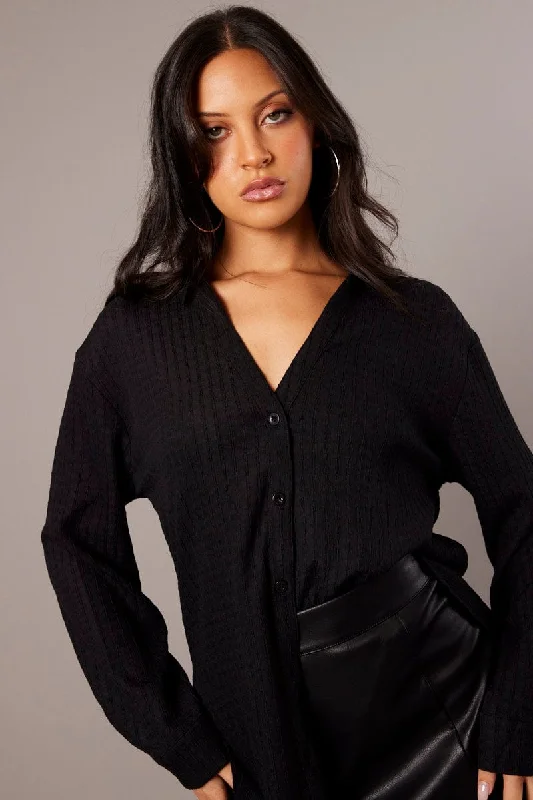 Black Relaxed Shirt Long Sleeve Textured