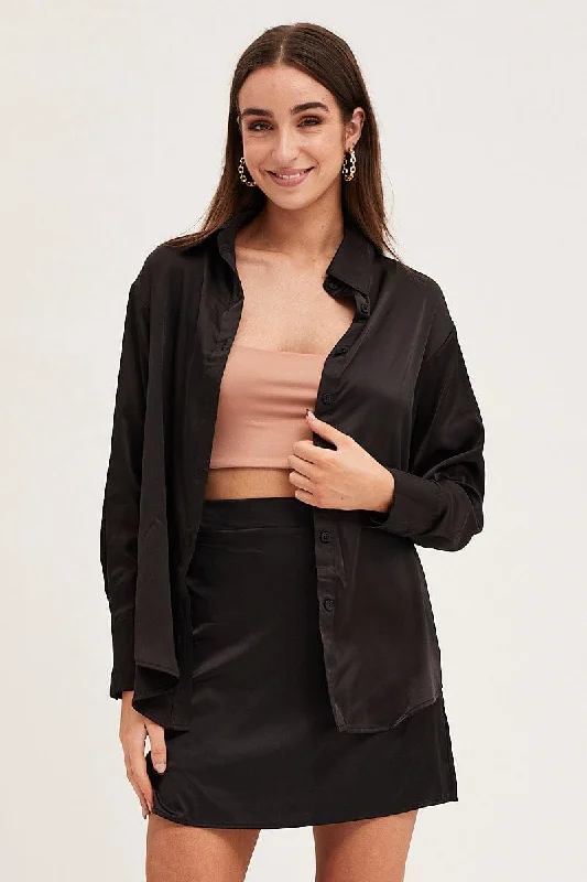 Black Satin Long Sleeve Button Up Collared Shirt