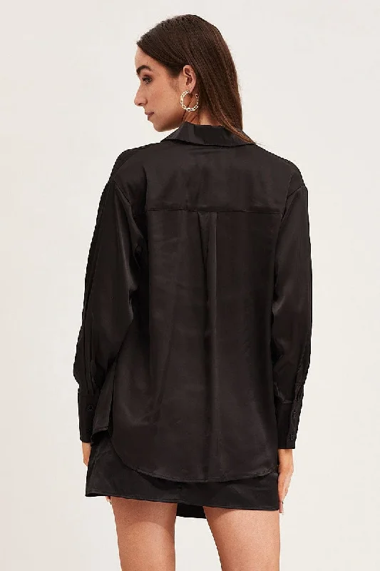 Black Satin Long Sleeve Button Up Collared Shirt