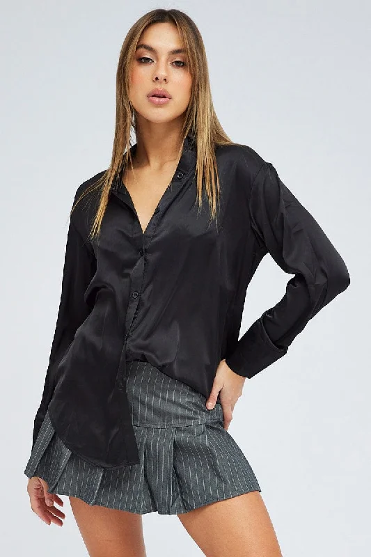 Black Satin Shirt Long Sleeve Collared Neck