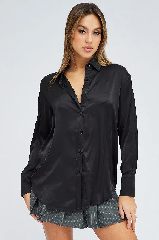 Black Satin Shirt Long Sleeve Collared Neck