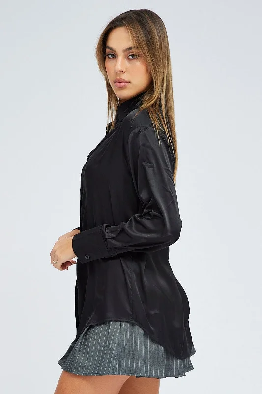 Black Satin Shirt Long Sleeve Collared Neck