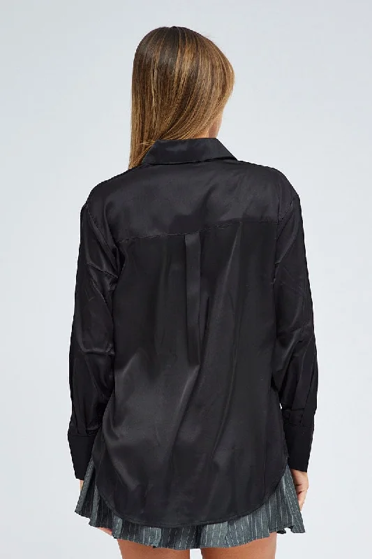 Black Satin Shirt Long Sleeve Collared Neck