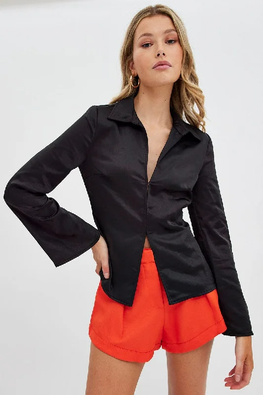 Black Shirt Long Sleeve Collared Hook & Eye Satin Crepe