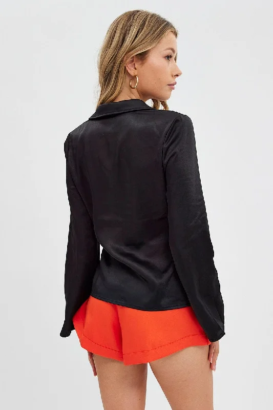 Black Shirt Long Sleeve Collared Hook & Eye Satin Crepe