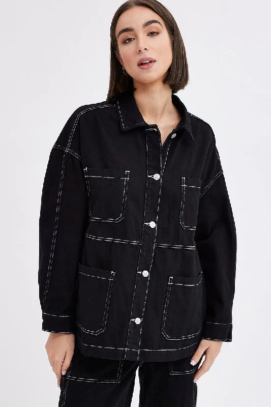 Black Shirt Long Sleeves Collared Contrast Stitch Denim