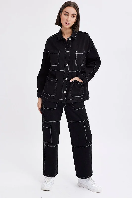 Black Shirt Long Sleeves Collared Contrast Stitch Denim