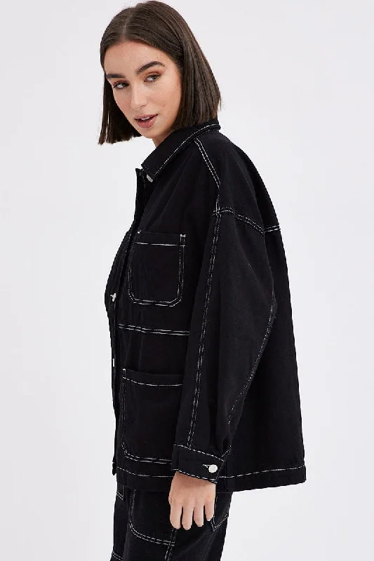 Black Shirt Long Sleeves Collared Contrast Stitch Denim