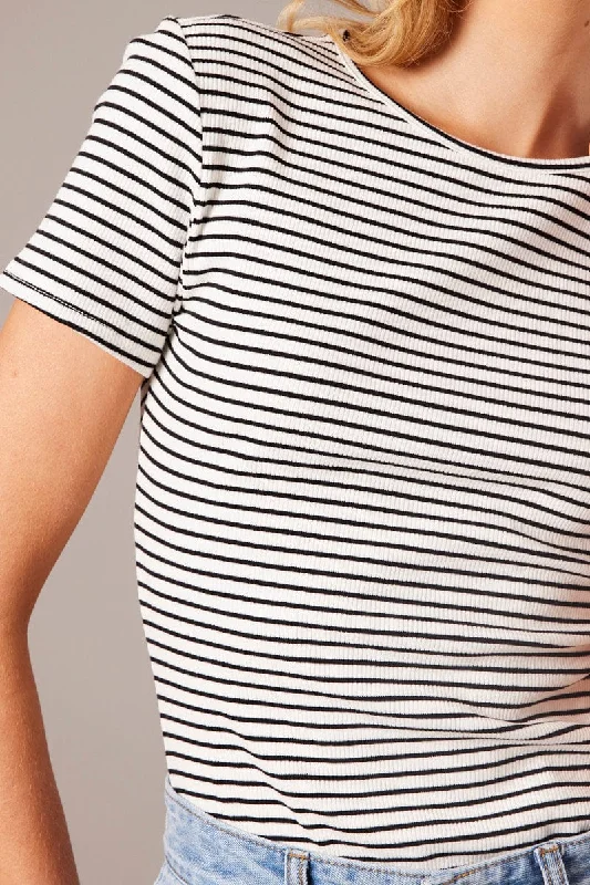 White Stripe Longline T Shirt Short Sleeve Crew Neck Rib Jersey