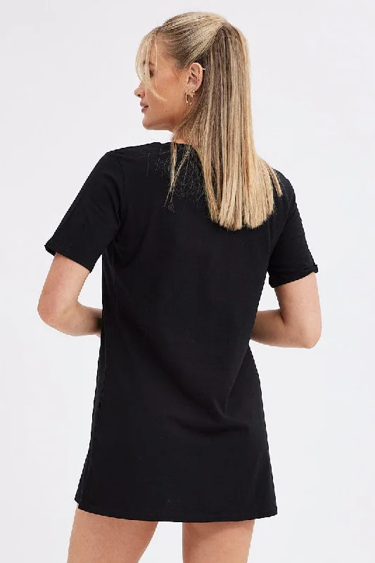 Black Tee Dress Short Sleeve Graphic Print