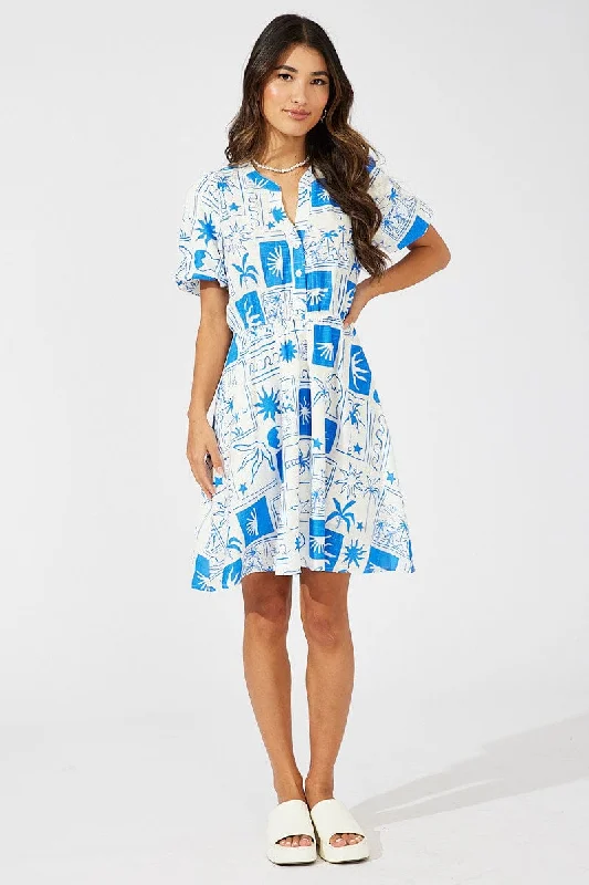 Blue Abstract Shirt Dress Short Sleeve Tiered