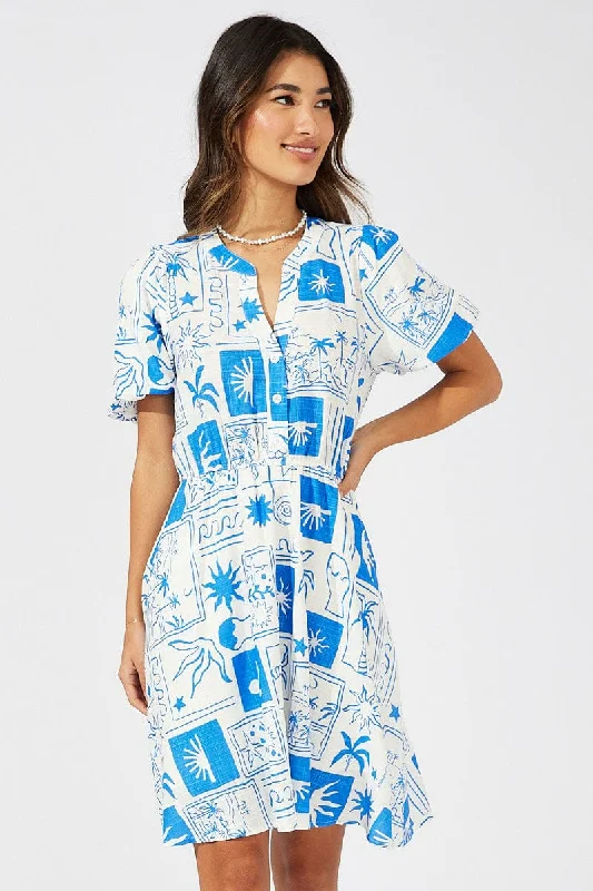 Blue Abstract Shirt Dress Short Sleeve Tiered