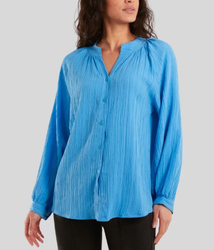 Blue Crinkle Balloon Sleeve Blouse