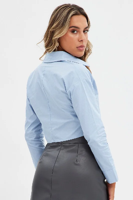 Blue Crop Shirt Long Sleeve Collared Button Up Slim Fit