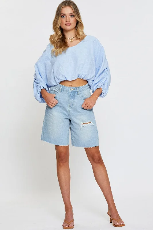 Blue Crop Shirts Long Sleeve Off Shoulder