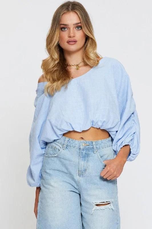 Blue Crop Shirts Long Sleeve Off Shoulder