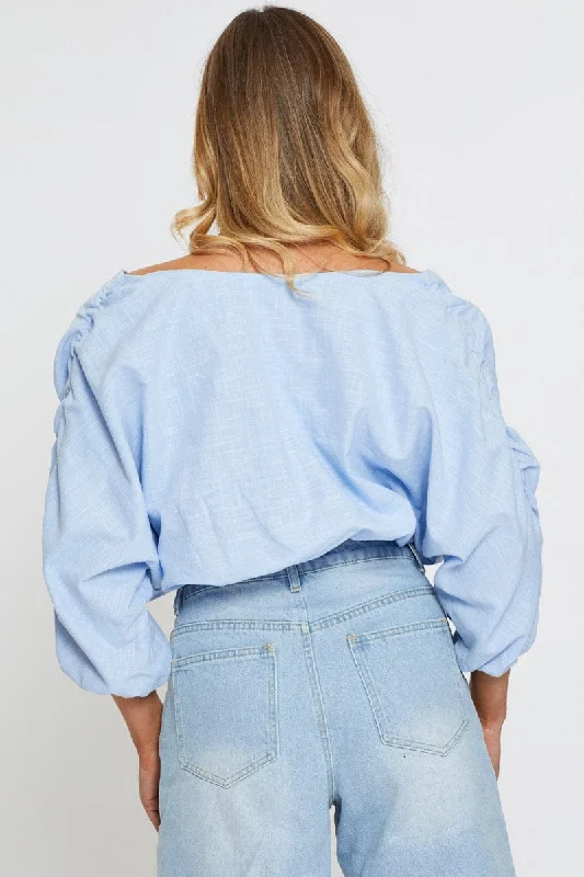 Blue Crop Shirts Long Sleeve Off Shoulder