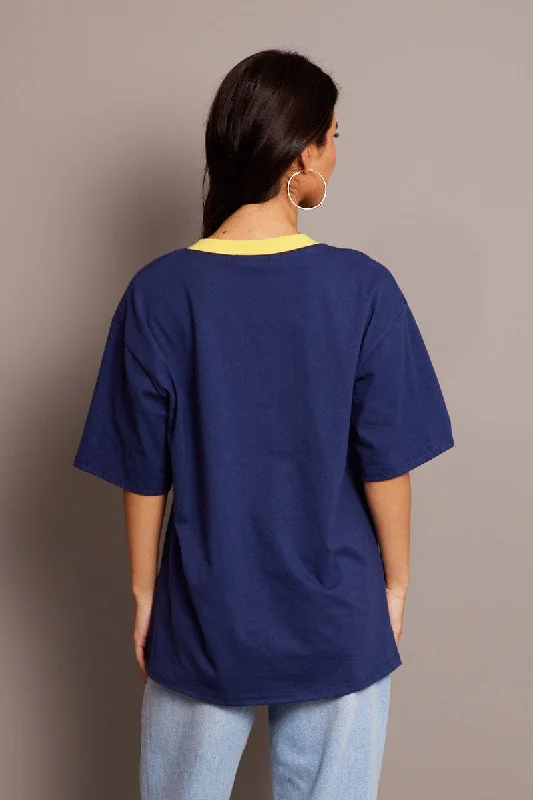 Blue Graphic Tee V Neck Short Sleeve