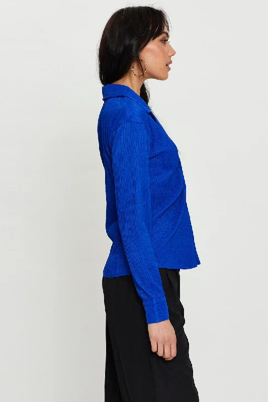 Blue Oversized Shirts Long Sleeve Collared