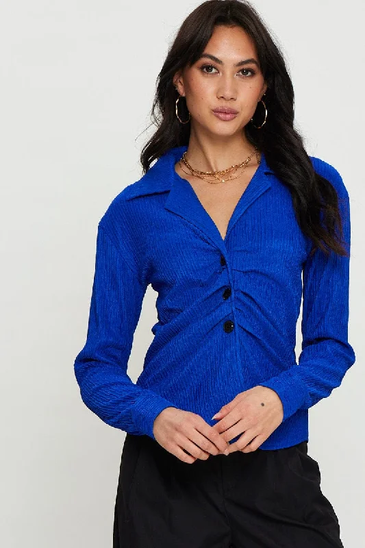 Blue Oversized Shirts Long Sleeve Collared