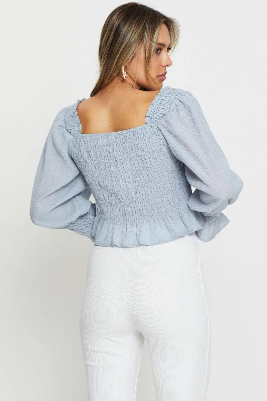 Blue Peasant Blouse Long Sleeve Crop