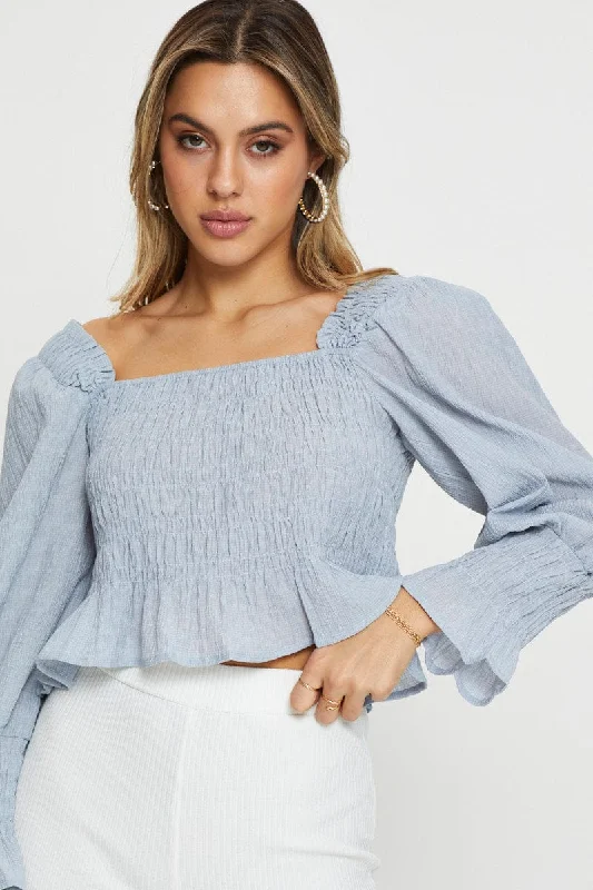 Blue Peasant Blouse Long Sleeve Crop