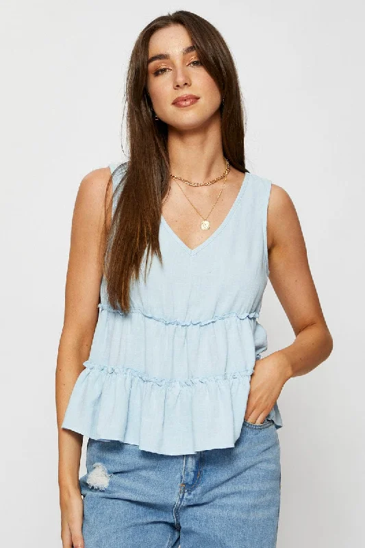 Blue Peplum Blouse Sleeveless V-Neck