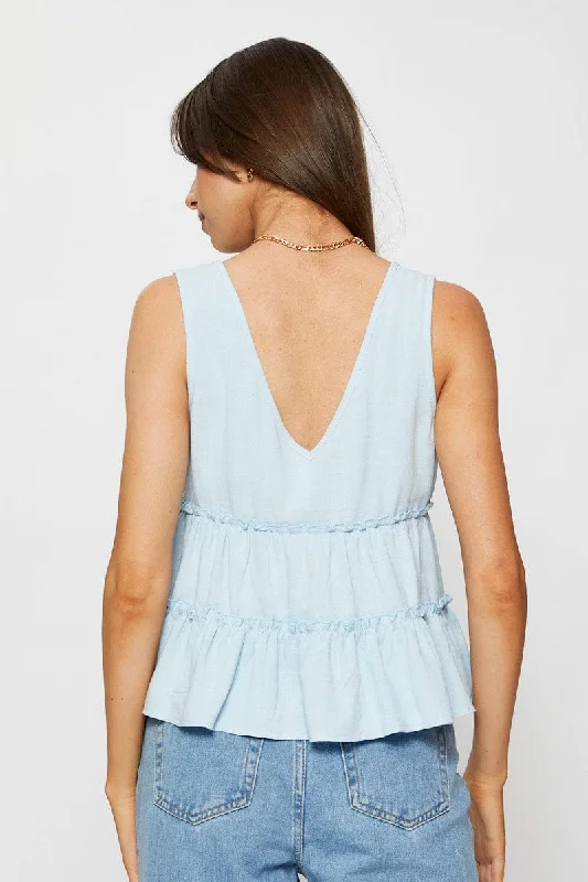 Blue Peplum Blouse Sleeveless V-Neck