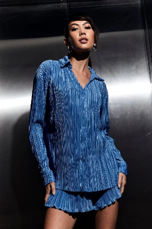 Blue Plisse Shirt Long Sleeve V Neck Longline